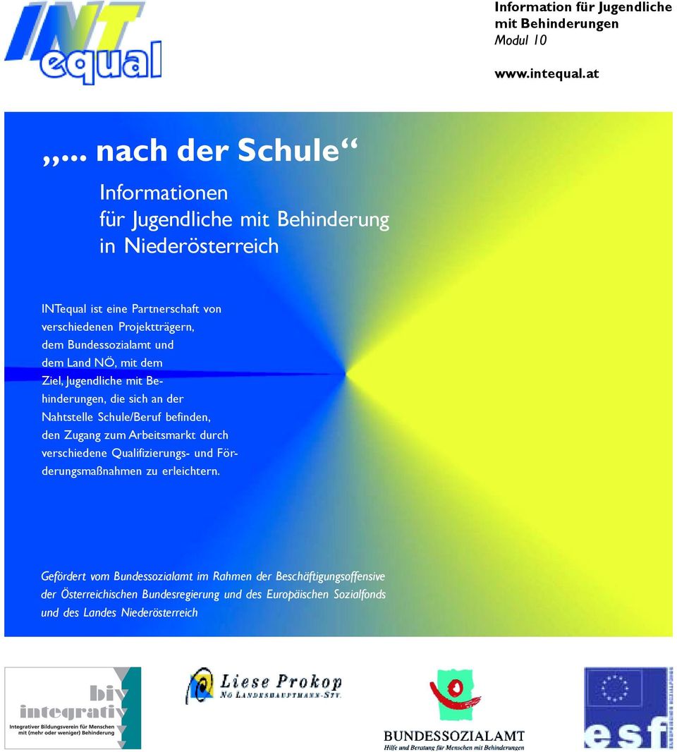.. nach der Schule onen für Jugendliche mit Behinderung in Niederösterreich INTequal ist eine Partnerschaft von verschiedenen Projektträgern, dem Bundessozialamt und dem Land NÖ,