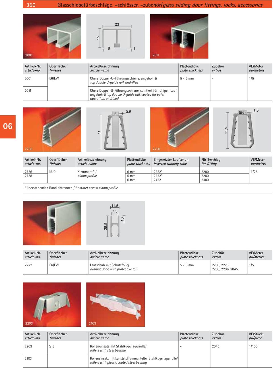 samtiert für ruhigen Lauf, ungebohrt/top double U-guide rail, coated for quiet operation, undrilled 13 06 2758 11,5 7,5 28,5 10 15 8 1 2001 2011 6 0,9 5(6) 1,5 11 11,5 2756 Artikel-Nr.