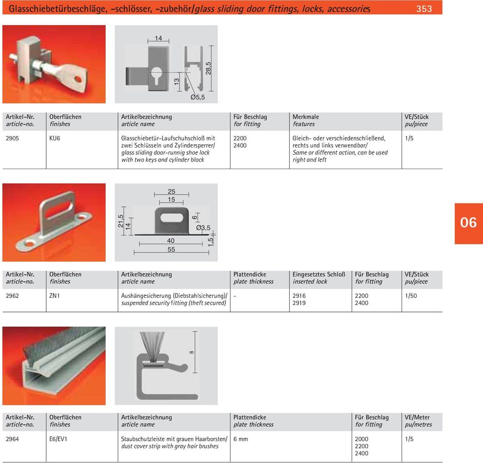 verwendbar/ glass sliding door-runnig shoe lock Same or different action, can be used with two keys and cylinder block right and left 25 15 21,5 14 40 55 6 Ø3,5 1,5 06 Artikel-Nr.