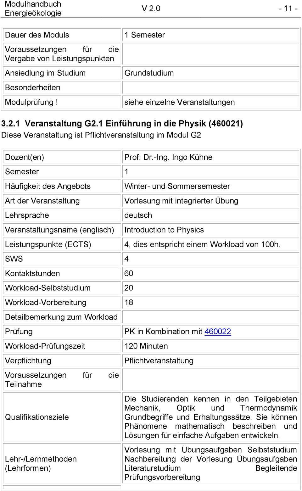 Ingo Kühne Vorlesung mit integrierter Übung Introduction to Physics Leistungspunkte (ECTS) 4, dies entspricht einem Workload von 100h.
