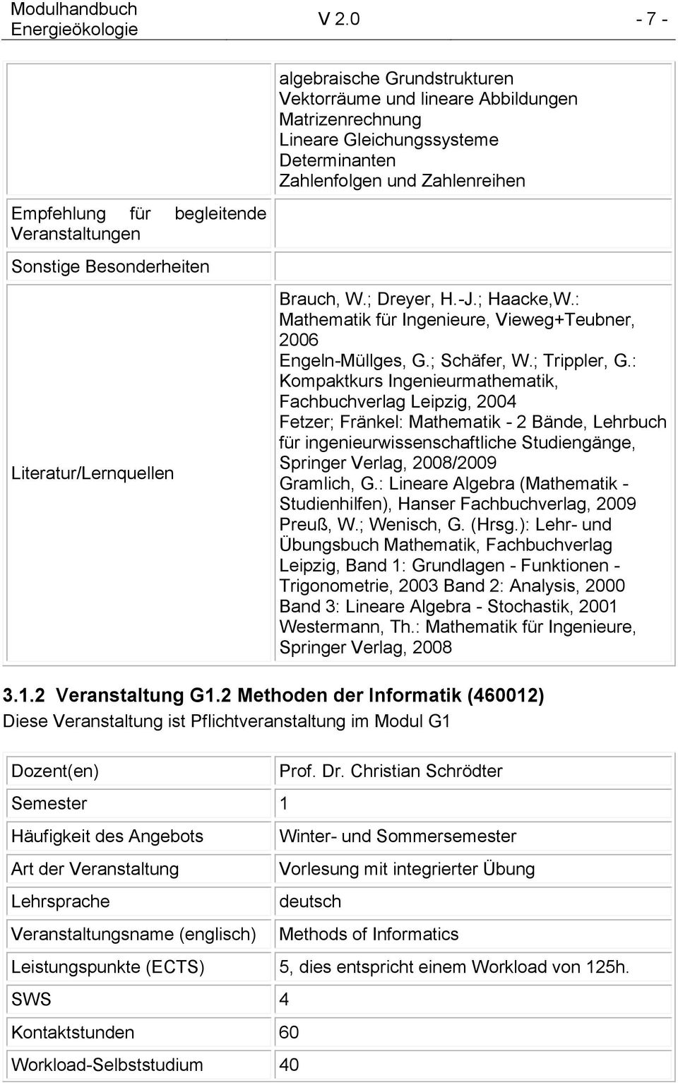: Kompaktkurs Ingenieurmathematik, Fachbuchverlag Leipzig, 2004 Fetzer; Fränkel: Mathematik - 2 Bände, Lehrbuch für ingenieurwissenschaftliche Studiengänge, Springer Verlag, 2008/2009 Gramlich, G.
