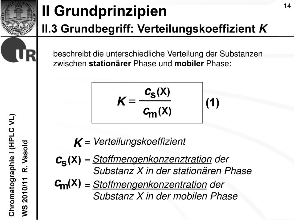 Substanzen zwischen stationärer Phase und mobiler Phase: K c s (X) c m (X) (1) K =