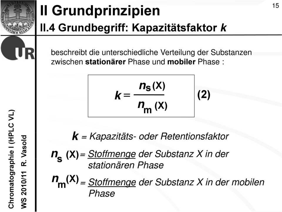 Substanzen zwischen stationärer Phase und mobiler Phase : k k n s(x) n m (X) (2) =
