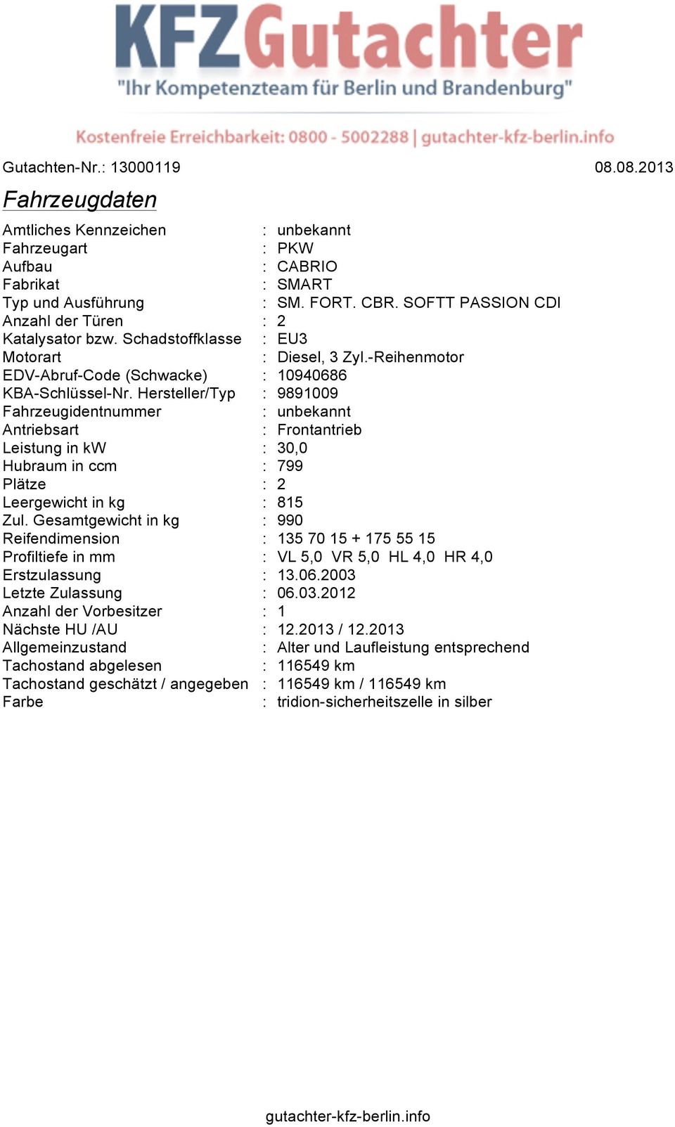 Hersteller/Typ : 9891009 Fahrzeugidentnummer Antriebsart : Frontantrieb Leistung in kw : 30,0 Hubraum in ccm : 799 Plätze : 2 Leergewicht in kg : 815 Zul.