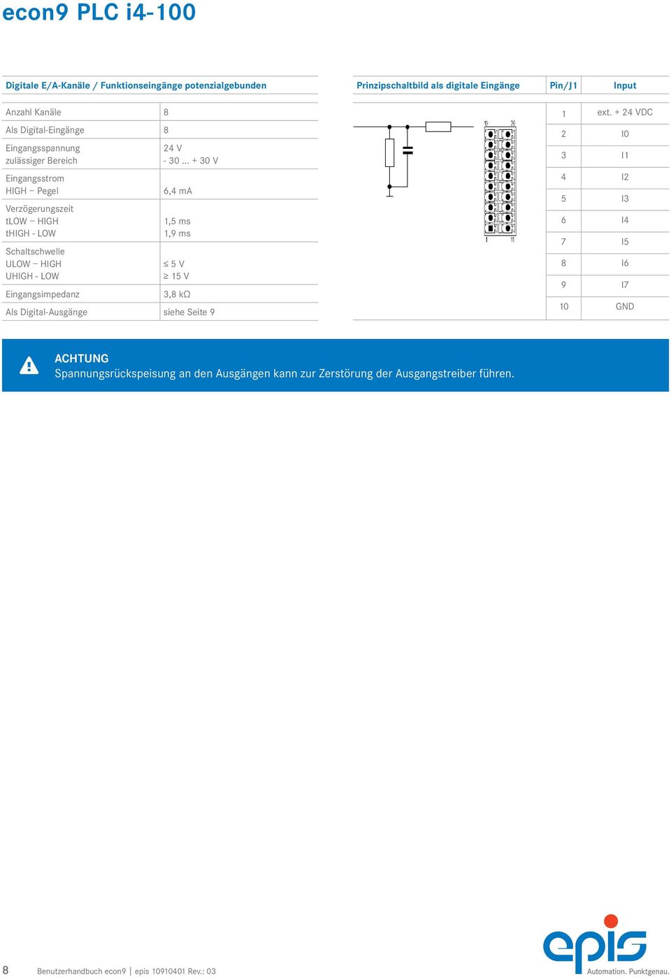 .. + 30 V 6,4 ma 1,5 ms 1,9 ms 5 V 15 V 3,8 kω Als Digital-Ausgänge siehe Seite 9 Prinzipschaltbild als digitale Eingänge Pin/J1 Input 1 ext.