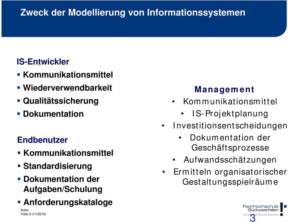 Aufgaben/Schulung Anforderungskataloge Folie 3 (11/2010) Management Kommunikationsmittel IS-Projektplanung