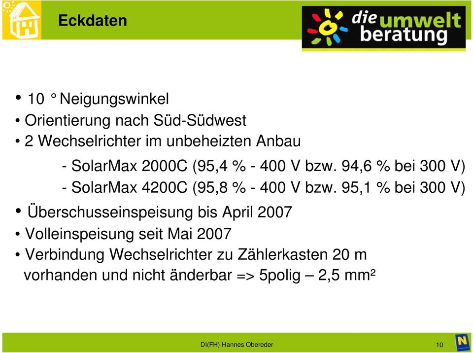 95,1 % bei 300 V) Überschusseinspeisung bis April 2007 Volleinspeisung seit Mai 2007 Verbindung
