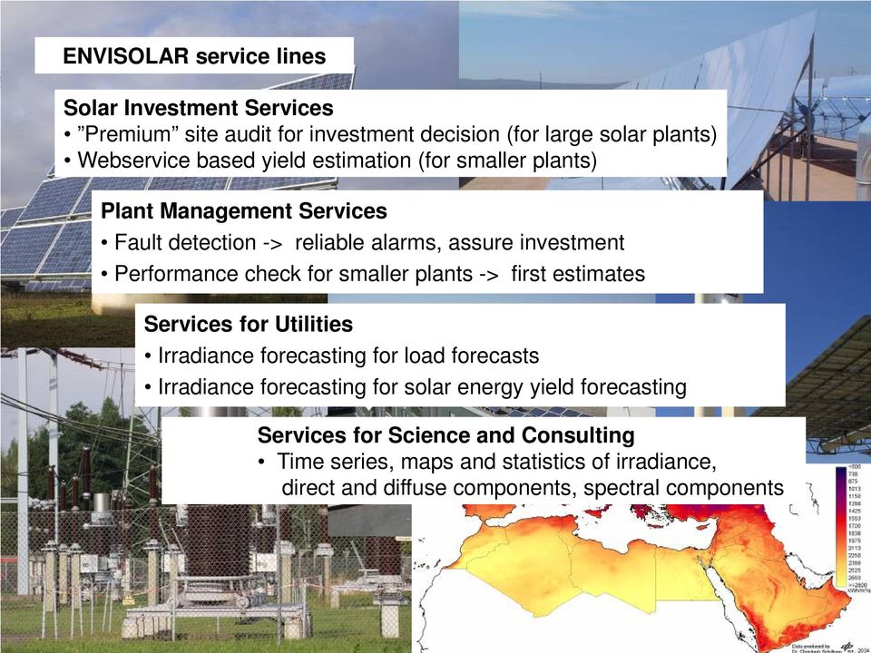 Performance check for smaller plants -> first estimates Services for Utilities Irradiance forecasting for load forecasts Irradiance forecasting for