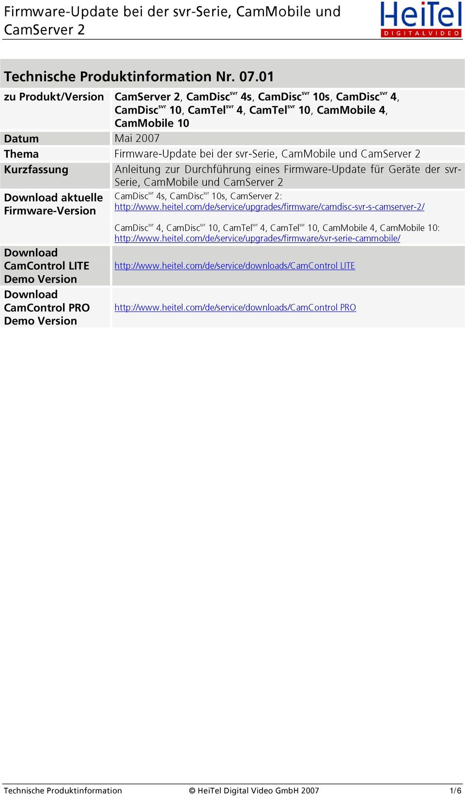 CamMobile und Kurzfassung Anleitung zur Durchführung eines Firmware-Update für Geräte der svr- Serie, CamMobile und Download aktuelle Firmware-Version Download CamControl LITE Demo Version Download