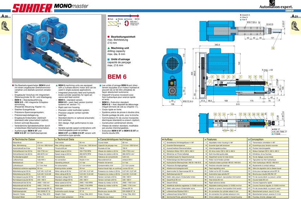 = 64 Die Bearbeitungseinheiten BEM 6 sind mit einem angebauten Drehstrommotor versehen und deshalb autonom einsetzbar: Eingebauter Vorschub mit integriertem Ölbremszylinder für Eil- und Arbeitsgang.