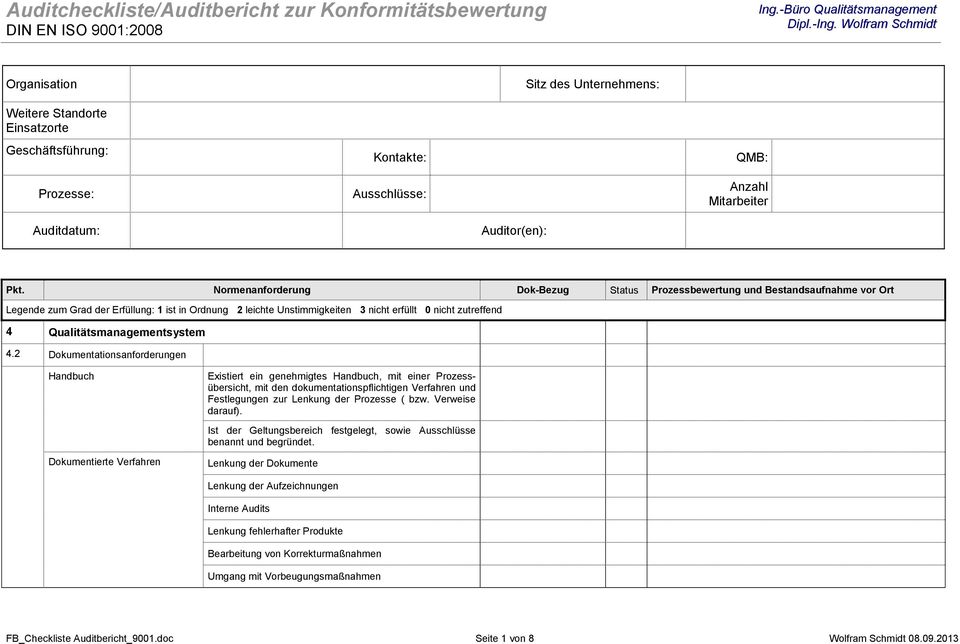 2 Dokumentationsanforderungen Handbuch Dokumentierte Verfahren Existiert ein genehmigtes Handbuch, mit einer Prozessübersicht, mit den dokumentationspflichtigen Verfahren und