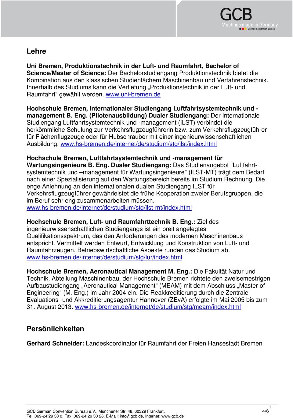 de Hochschule Bremen, Internationaler Studiengang Luftfahrtsystemtechnik und - management B. Eng.