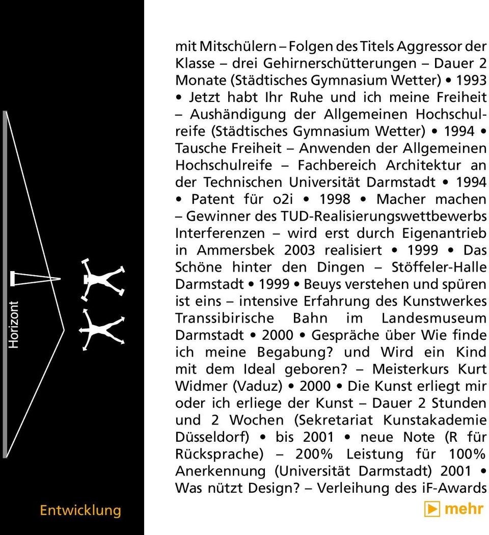 Darmstadt 1994 Patent für o2i 1998 Macher machen Gewinner des TUD-Realisierungswettbewerbs Interferenzen wird erst durch Eigenantrieb in Ammersbek 2003 realisiert 1999 Das Schöne hinter den Dingen