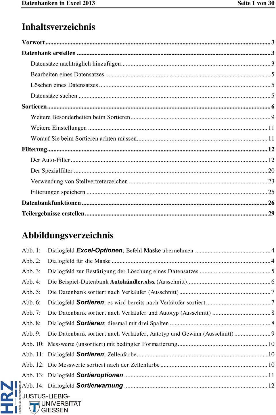 .. 12 Der Spezialfilter... 20 Verwendung von Stellvertreterzeichen... 23 Filterungen speichern... 25 Datenbankfunktionen... 26 Teilergebnisse erstellen... 29 Abbildungsverzeichnis Abb.