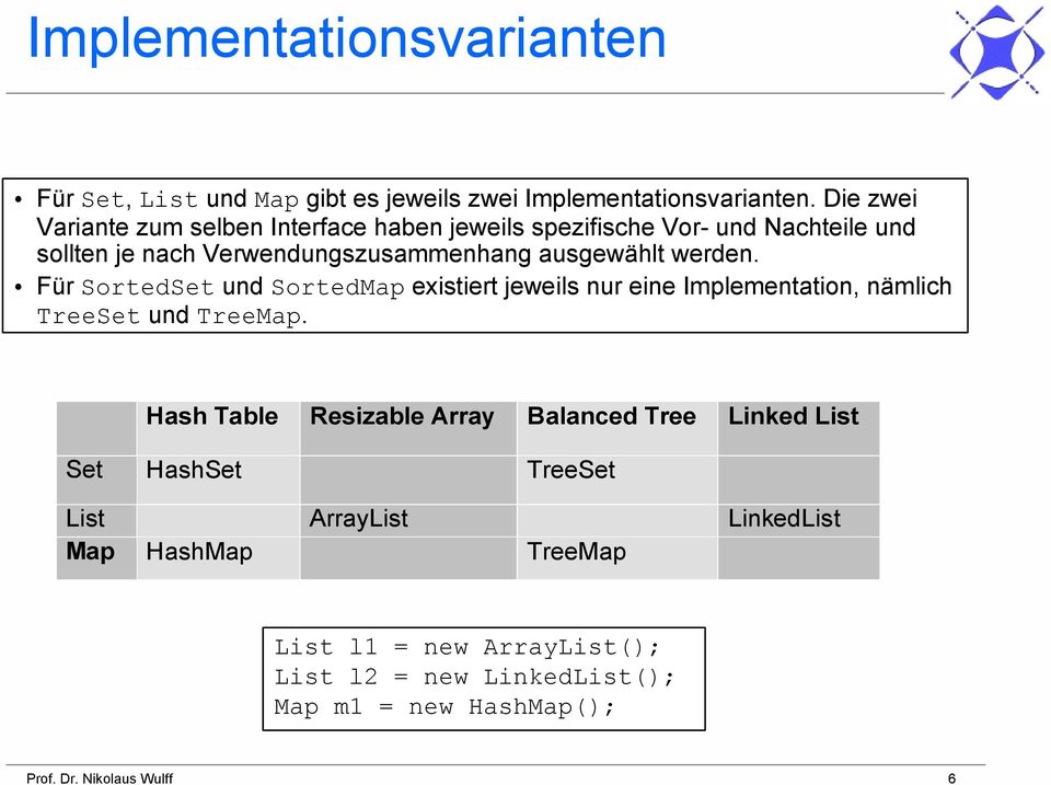 werden. Für SortedSet und SortedMap existiert jeweils nur eine Implementation, nämlich TreeSet und TreeMap.