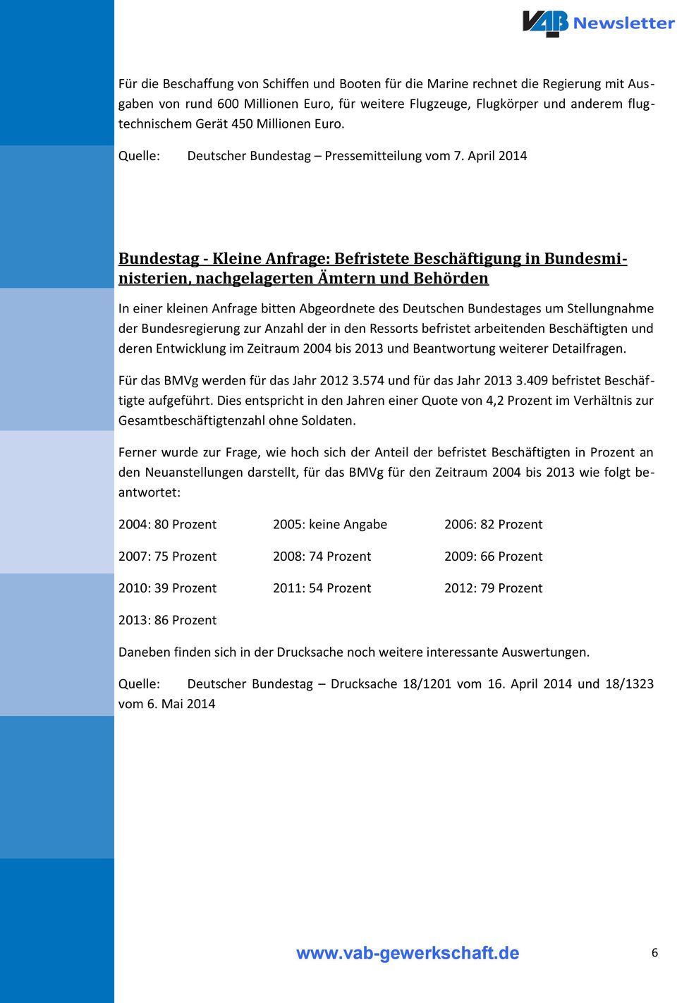 April 2014 Bundestag - Kleine Anfrage: Befristete Beschäftigung in Bundesministerien, nachgelagerten Ämtern und Behörden In einer kleinen Anfrage bitten Abgeordnete des Deutschen Bundestages um