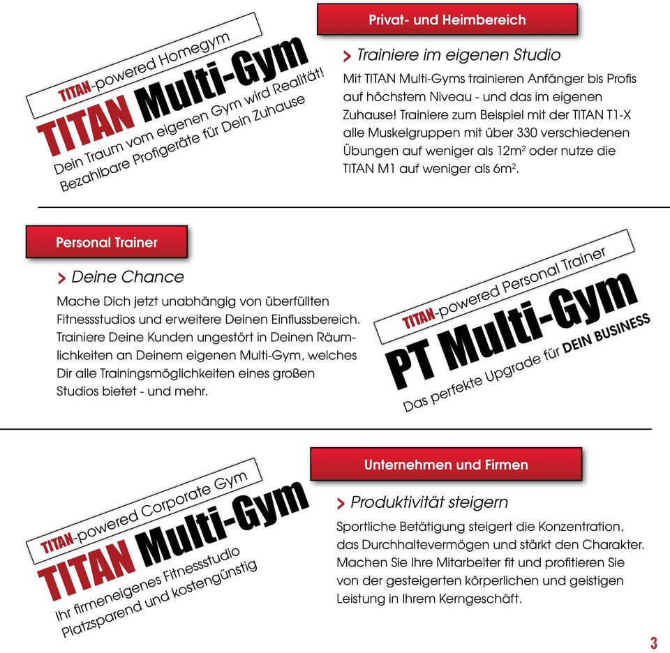 Trainiere zum Beispiel mit der TITAN T1-X alle Muskelgruppen mit über 330 verschiedenen Übungen auf weniger als 12m 2 oder nutze die TITAN M1 auf weniger als 6m 2.
