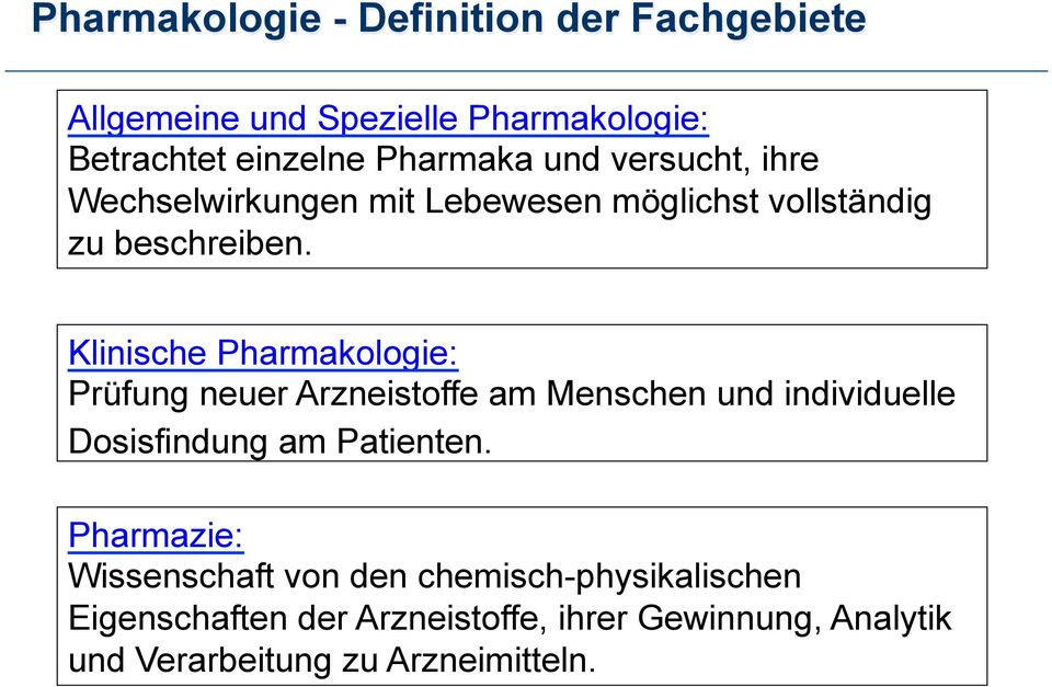 Klinische Pharmakologie: Prüfung neuer Arzneistoffe am Menschen und individuelle Dosisfindung am Patienten.