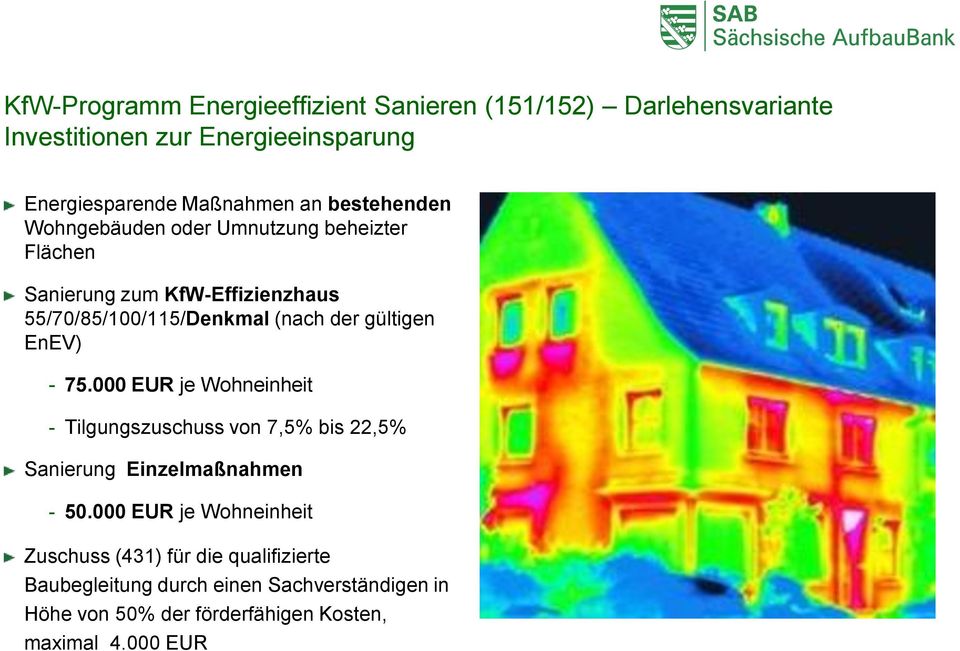 000 EUR je Wohneinheit - Tilgungszuschuss von 7,5% bis 22,5% Neues Bild, da das vorhergehende zu verpixelt! Sanierung Einzelmaßnahmen - 50.