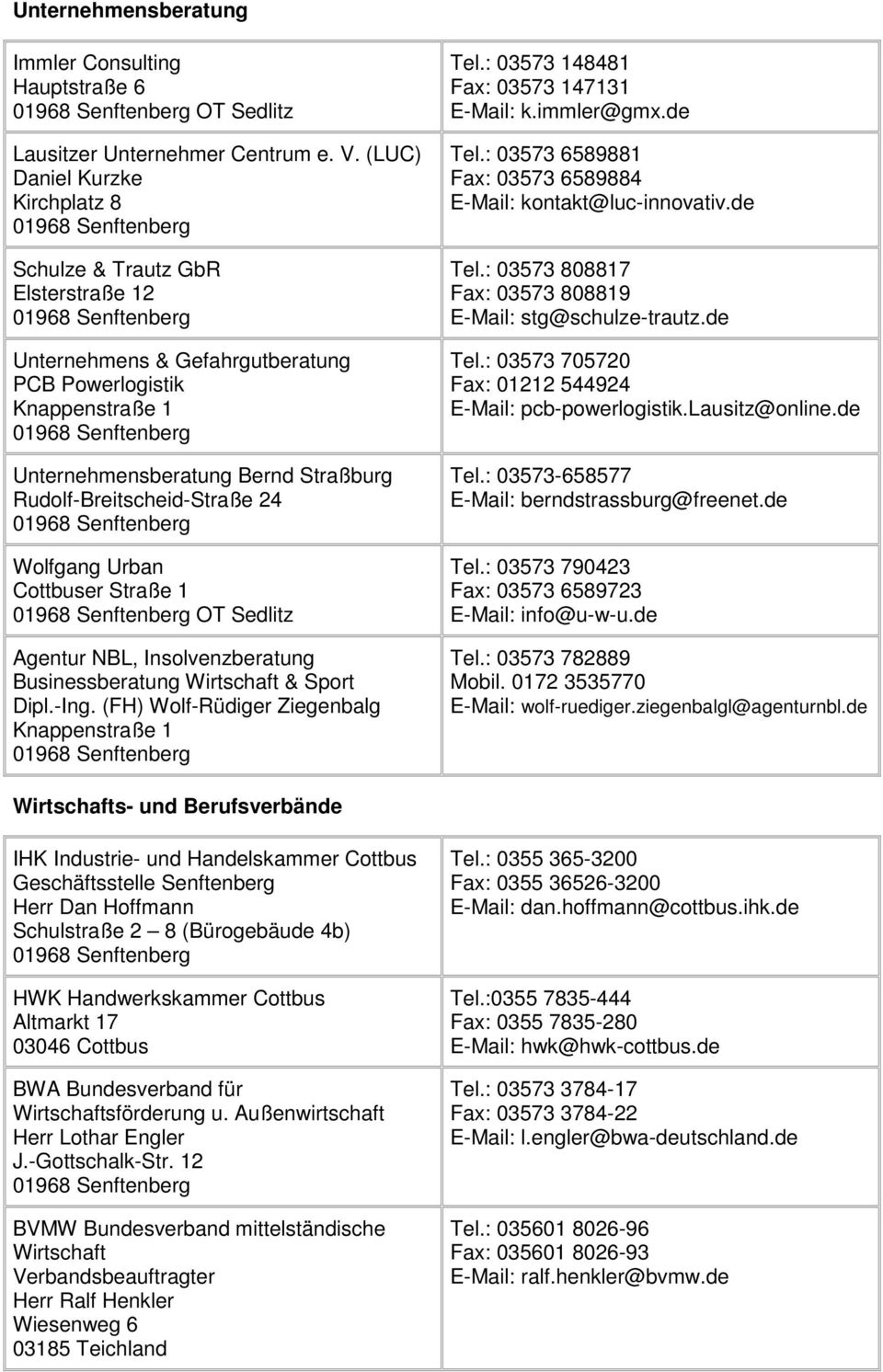 24 Wolfgang Urban Cottbuser Straße 1 OT Sedlitz Agentur NBL, Insolvenzberatung Businessberatung Wirtschaft & Sport Dipl.-Ing. (FH) Wolf-Rüdiger Ziegenbalg Knappenstraße 1 Tel.
