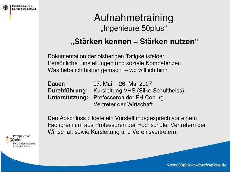 Mai 2007 Durchführung: Kursleitung VHS (Silke Schultheiss) Unterstützung: Professoren der FH Coburg, Vertreter der Wirtschaft