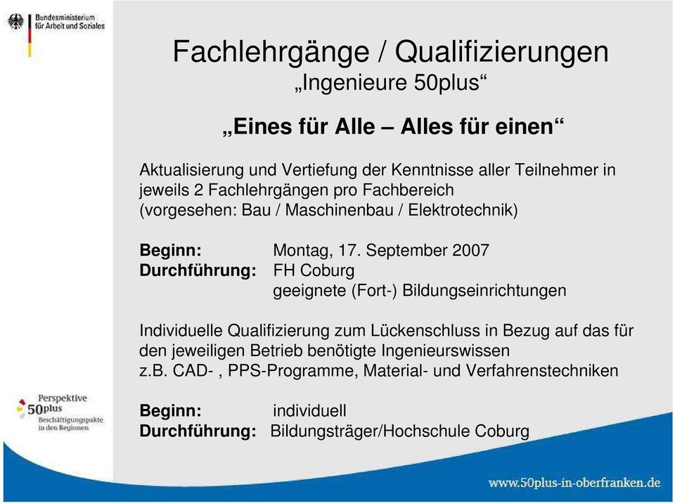 September 2007 Durchführung: FH Coburg geeignete (Fort-) Bildungseinrichtungen Individuelle Qualifizierung zum Lückenschluss in Bezug auf