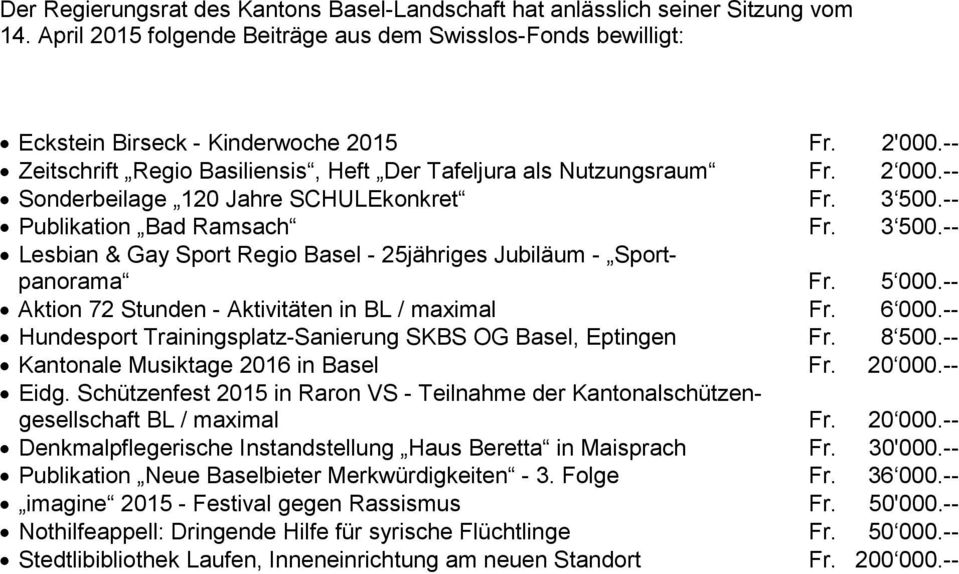 -- Publikation Bad Ramsach Fr. 3 500.-- Lesbian & Gay Sport Regio Basel - 25jähriges Jubiläum - Sportpanorama Fr. 5 000.-- Aktion 72 Stunden - Aktivitäten in BL / maximal Fr. 6 000.