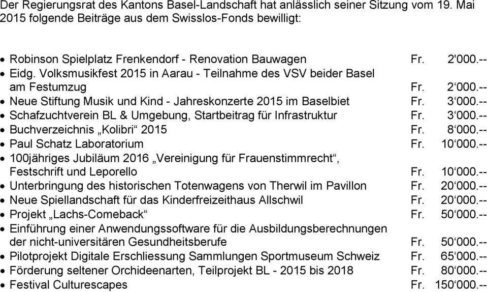 Volksmusikfest 2015 in Aarau - Teilnahme des VSV beider Basel am Festumzug Fr. 2 000.-- Neue Stiftung Musik und Kind - Jahreskonzerte 2015 im Baselbiet Fr. 3 000.