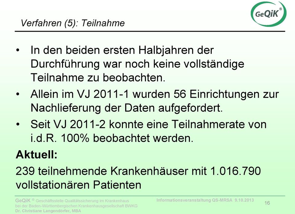 Allein im VJ 2011-1 wurden 56 Einrichtungen zur Nachlieferung der Daten aufgefordert.