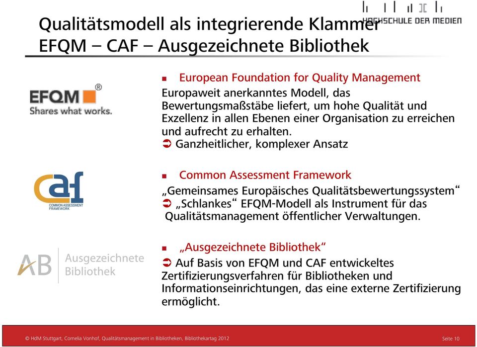 Ü Ganzheitlicher, komplexer Ansatz Common Assessment Framework Gemeinsames Europäisches Qualitätsbewertungssystem Ü Schlankes EFQM-Modell als Instrument für das Qualitätsmanagement öffentlicher