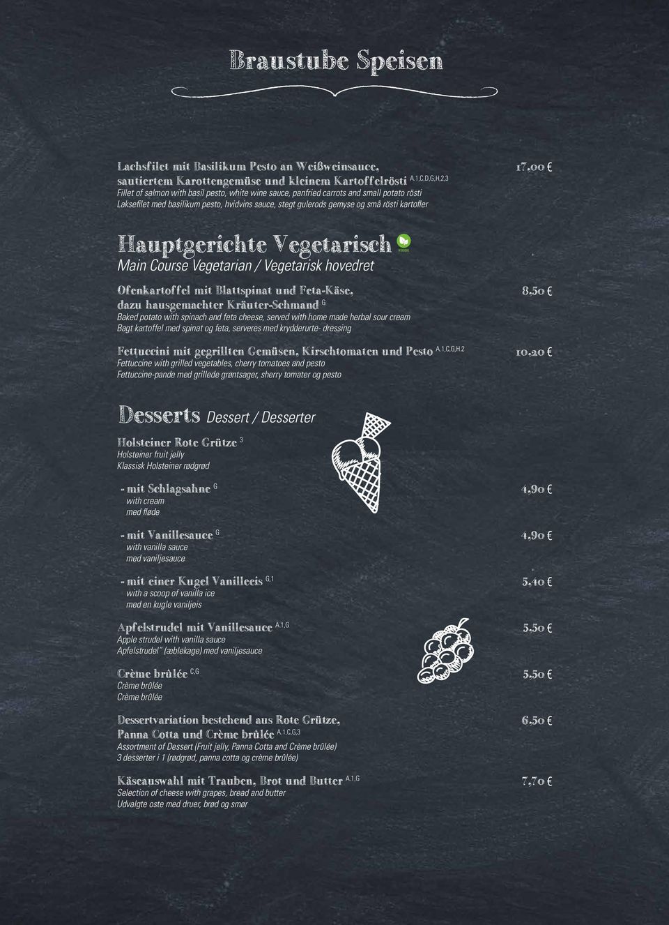 Hauptgerichte Vegetarisch Main Course Vegetarian / Vegetarisk hovedret Ofenkartoffel mit Blattspinat und Feta-Käse, dazu hausgemachter Kräuter-Schmand G Baked potato with spinach and feta cheese,