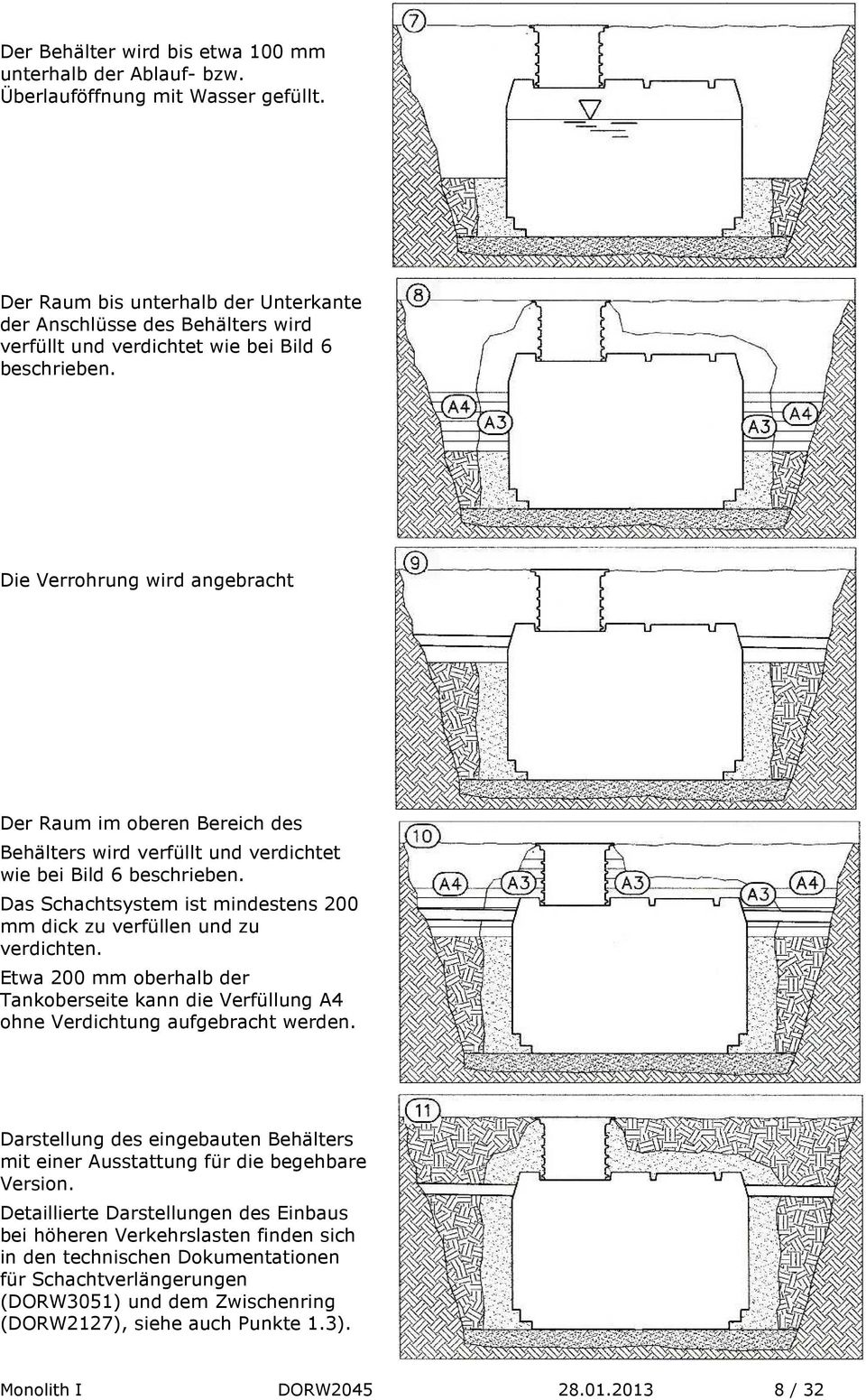 Die Verrohrung wird angebracht Der Raum im oberen Bereich des Behälters wird verfüllt und verdichtet wie bei Bild 6 beschrieben.