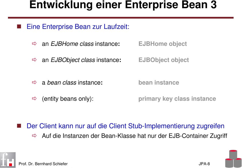 bean instance (entity beans only): primary key class instance Der Client kann nur auf die