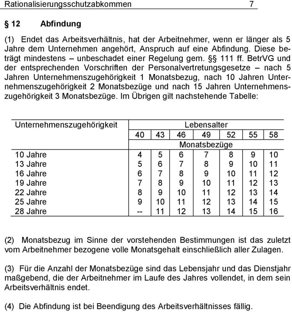 BetrVG und der entsprechenden Vorschriften der Personalvertretungsgesetze nach 5 Jahren Unternehmenszugehörigkeit 1 Monatsbezug, nach Jahren Unternehmenszugehörigkeit 2 Monatsbezüge und nach 15