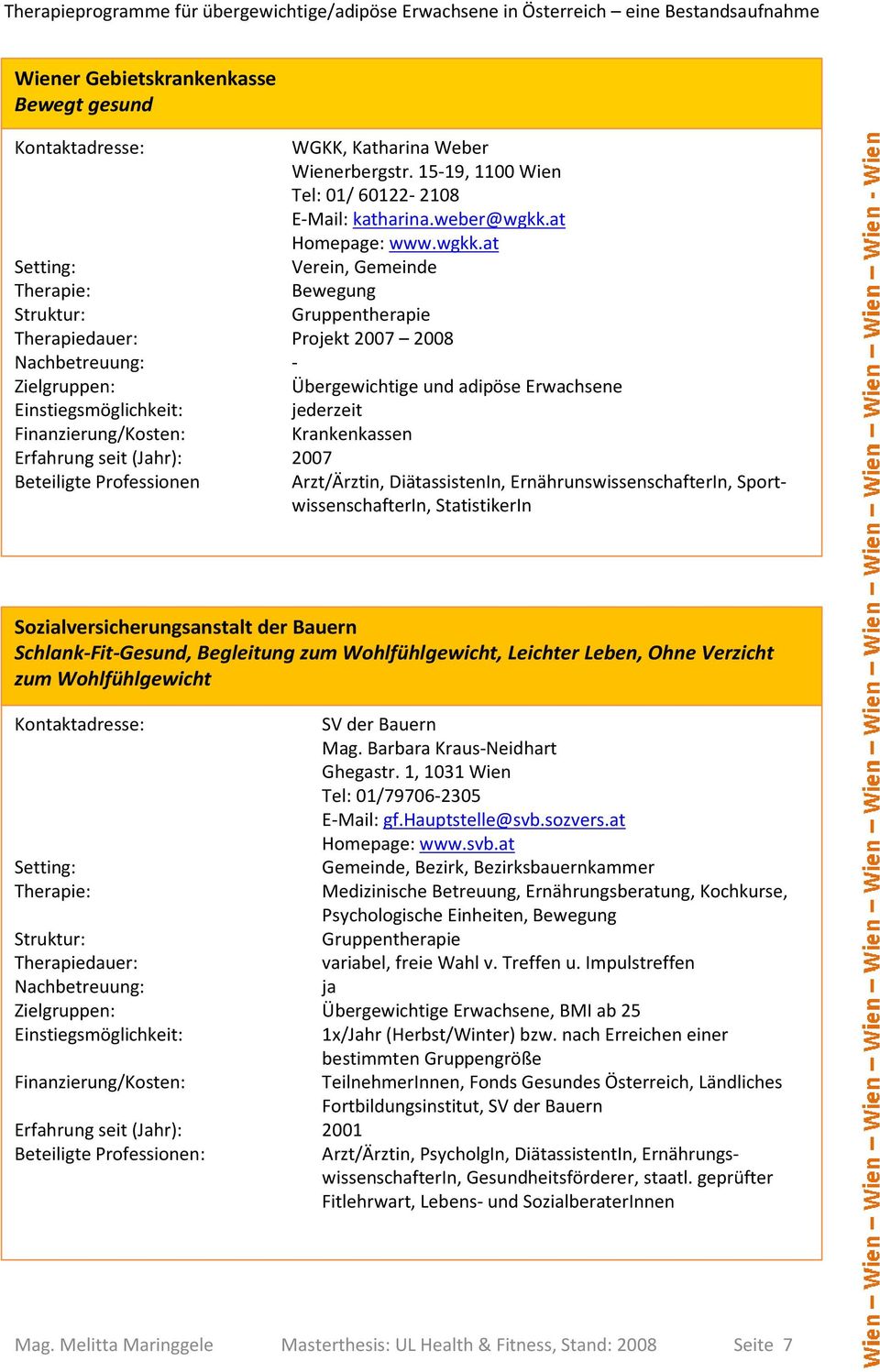 at Verein, Gemeinde Bewegung Gruppentherapie Projekt 2007 2008 - Übergewichtige und adipöse Erwachsene Krankenkassen 2007 Arzt/Ärztin, DiätassistenIn, ErnährunswissenschafterIn,