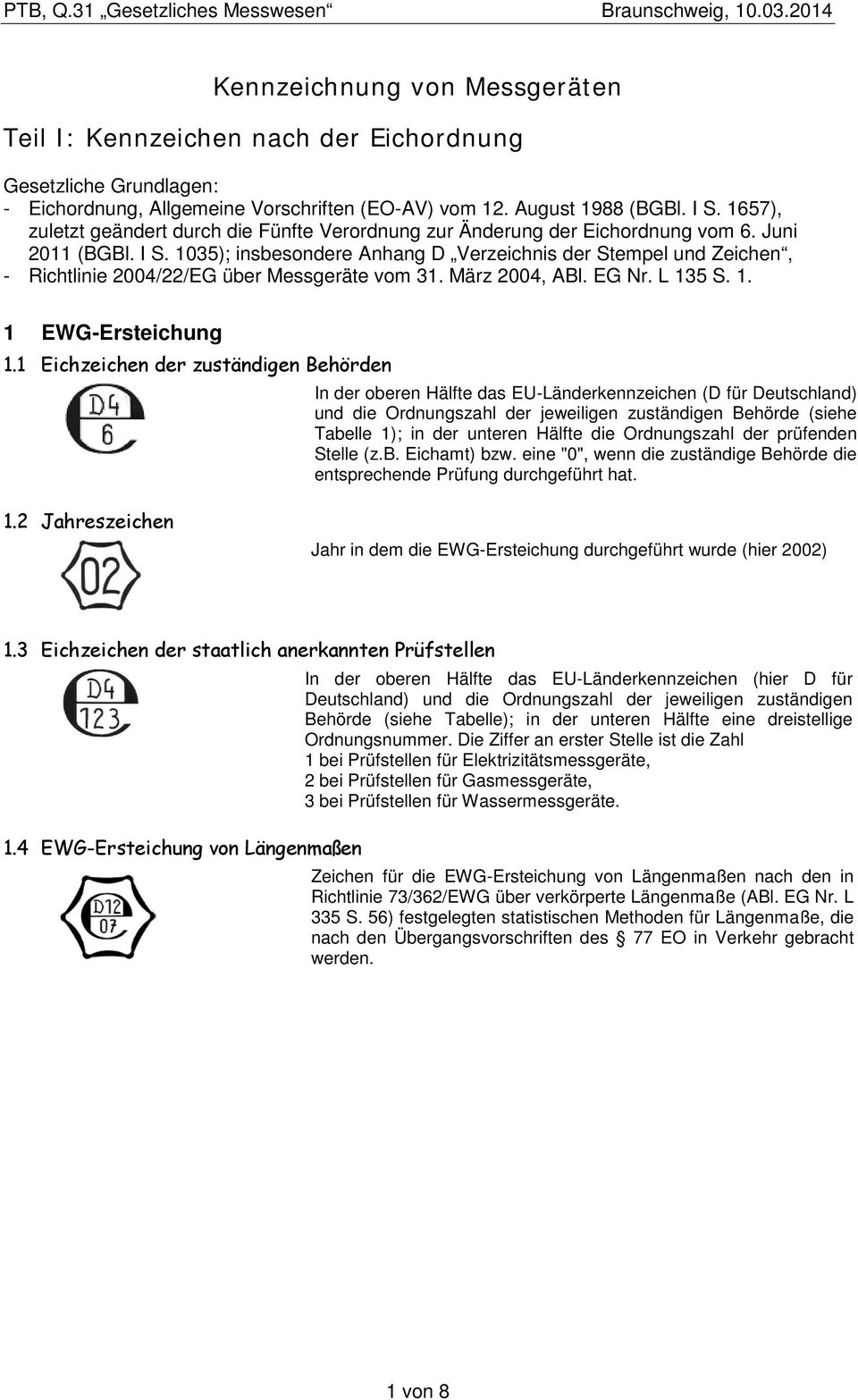 1035); insbesondere Anhang D Verzeichnis der Stempel und Zeichen, - Richtlinie 2004/22/EG über Messgeräte vom 31. März 2004, ABl. EG Nr. L 135 S. 1. 1 EWG-Ersteichung 1.