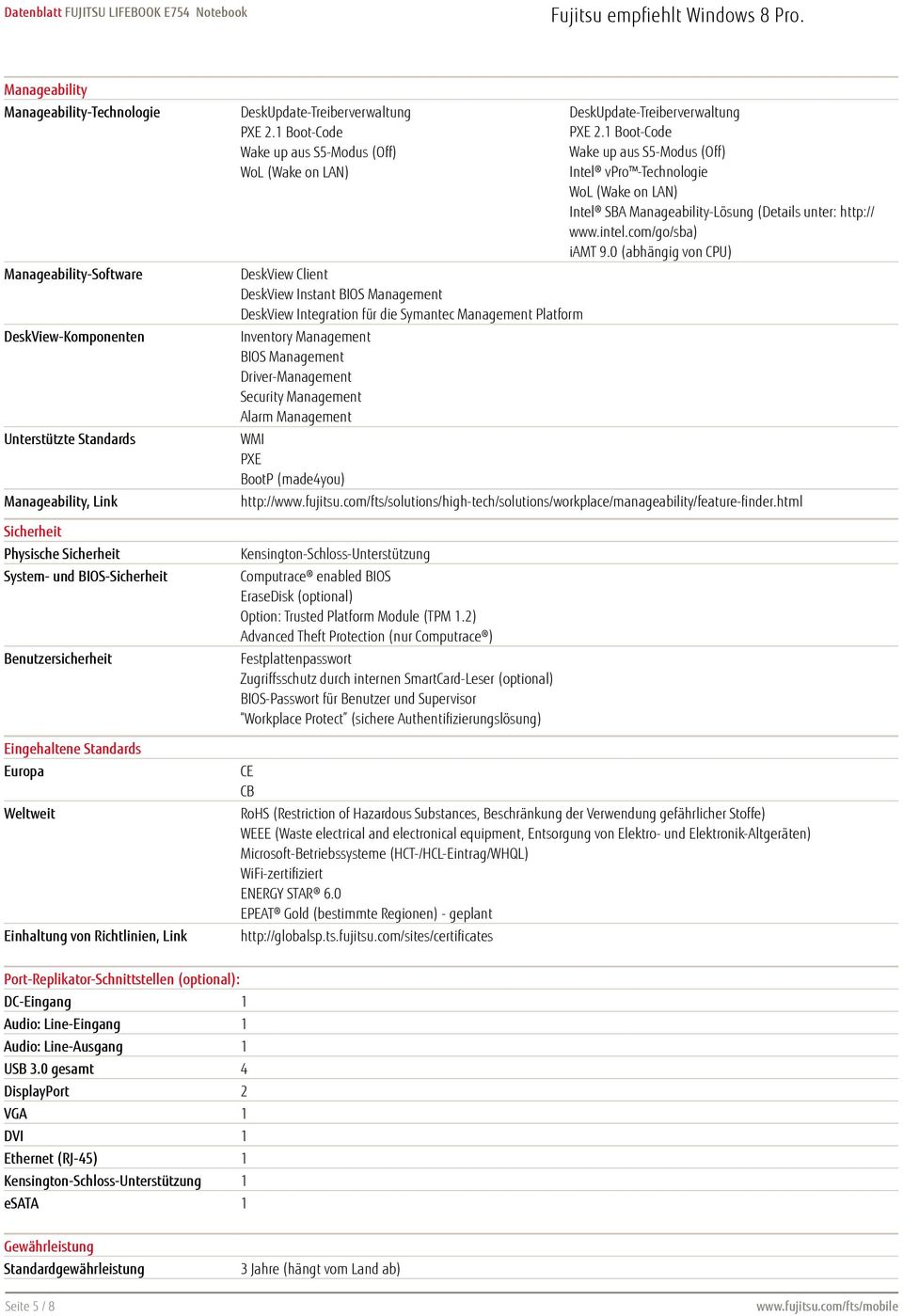 1 Boot-Code Wake up aus S5-Modus (Off) WoL (Wake on LAN) DeskUpdate-Treiberverwaltung PXE 2.