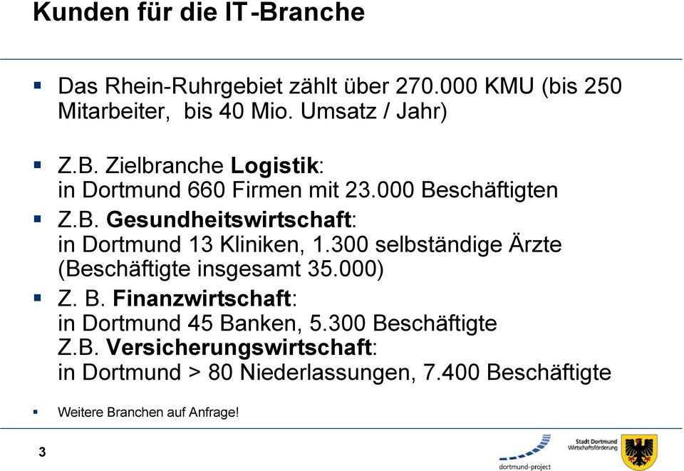 300 selbständige Ärzte (Beschäftigte insgesamt 35.000) Z. B. Finanzwirtschaft: in Dortmund 45 Banken, 5.