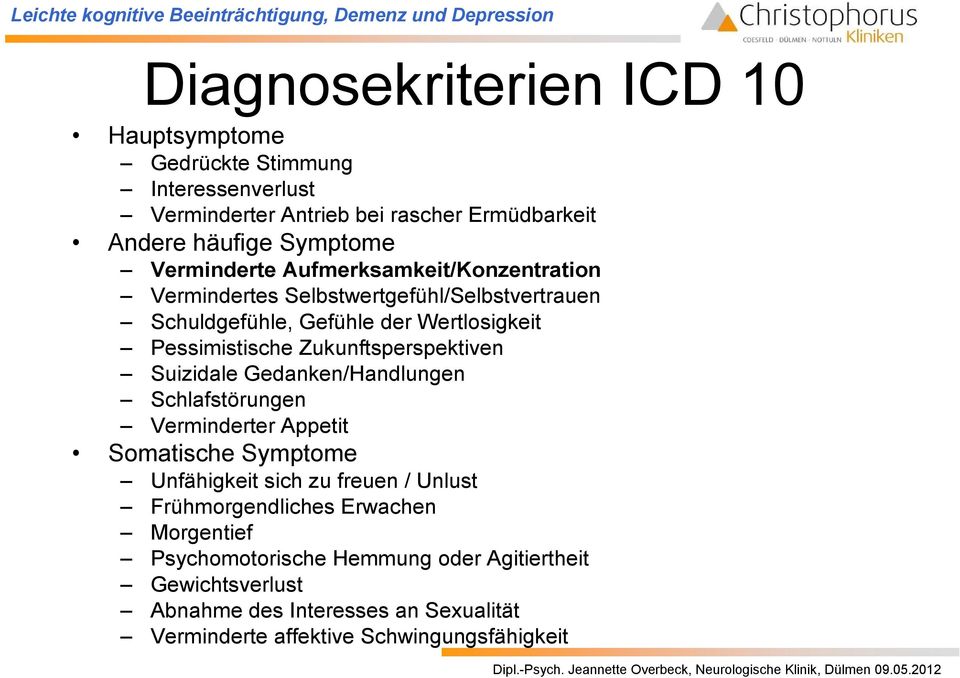 Zukunftsperspektiven Suizidale Gedanken/Handlungen Schlafstörungen Verminderter Appetit Somatische Symptome Unfähigkeit sich zu freuen / Unlust