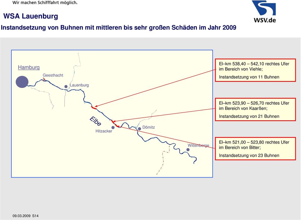 Lauenburg El km 523,90 526,70 rechtes Ufer im Bereich von Kaarßen; Instandsetzung von 21 Buhnen