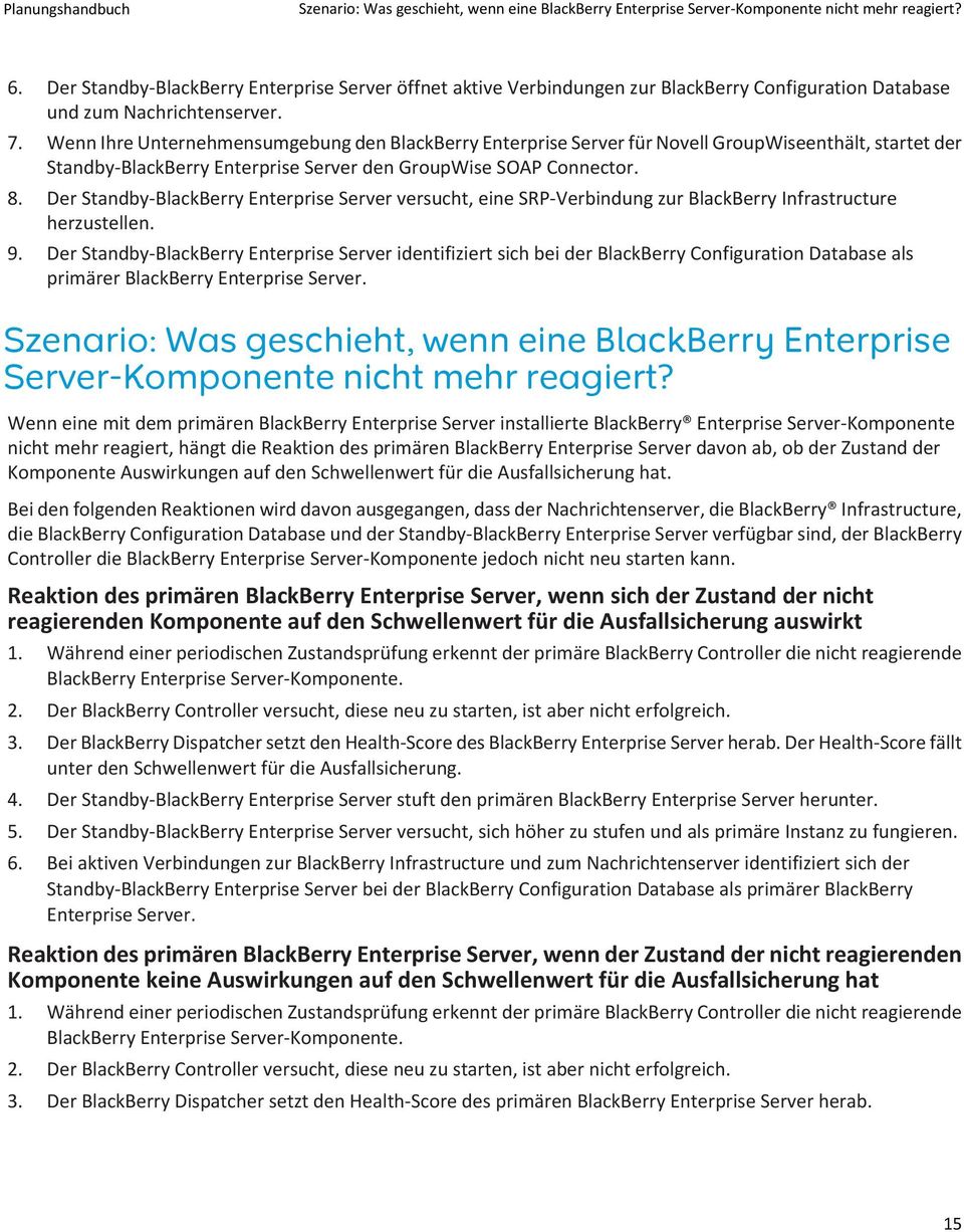 Wenn Ihre Unternehmensumgebung den BlackBerry Enterprise Server für Novell GroupWiseenthält, startet der Standby-BlackBerry Enterprise Server den GroupWise SOAP Connector. 8.