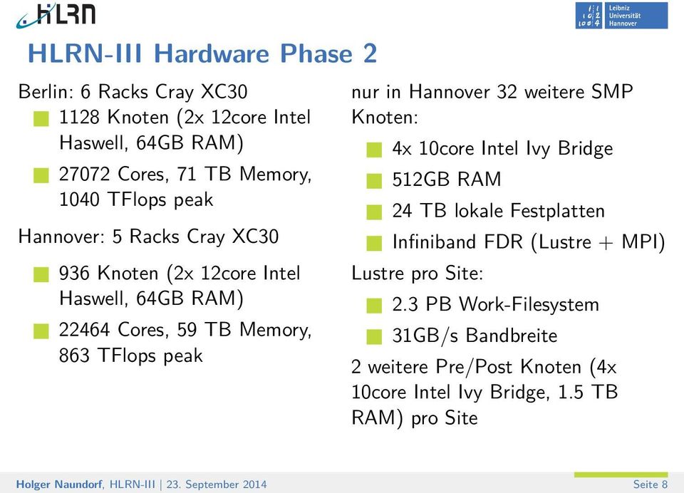 SMP Knoten: 4x 10core Intel Ivy Bridge 512GB RAM 24 TB lokale Festplatten Infiniband FDR (Lustre + MPI) Lustre pro Site: 2.