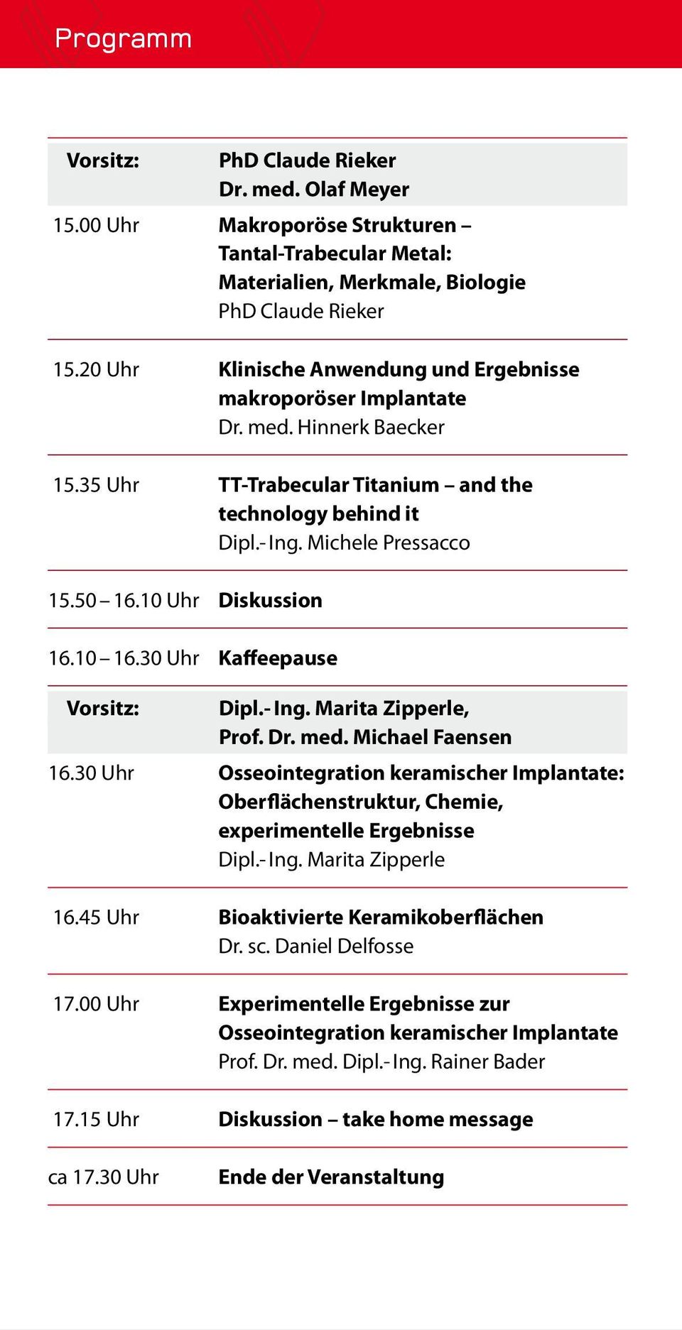 10 Uhr Diskussion 16.10 16.30 Uhr Kaffeepause Vorsitz: Dipl.- Ing. Marita Zipperle, Prof. Dr. med. Michael Faensen 16.