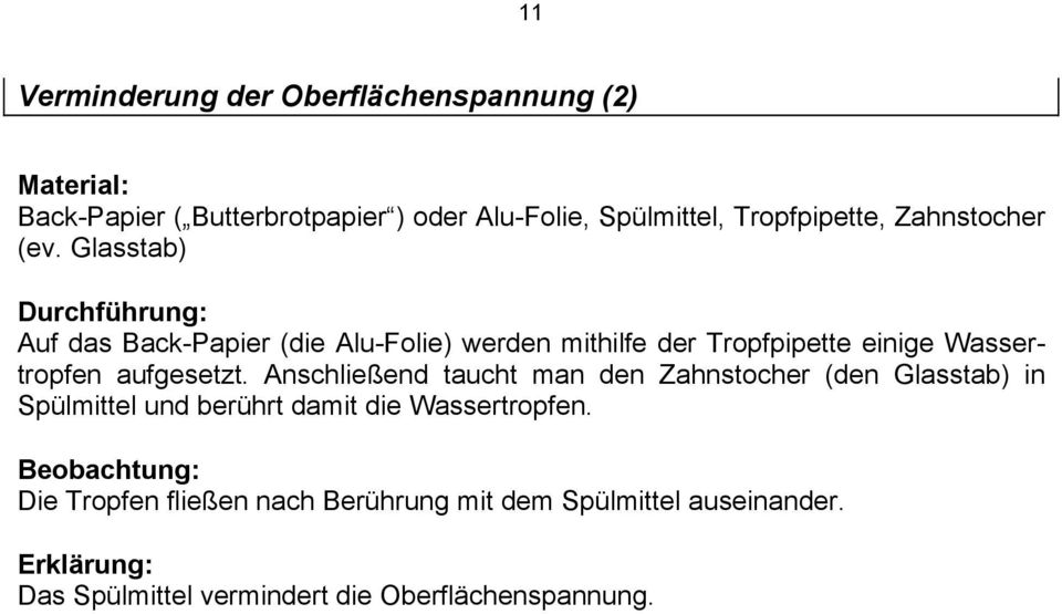 Glasstab) Auf das Back-Papier (die Alu-Folie) werden mithilfe der Tropfpipette einige Wassertropfen aufgesetzt.