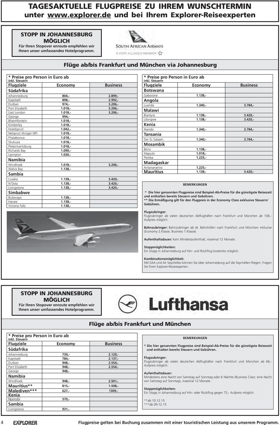 Flüge ab/bis Frankfurt und München via Johannesburg * Preise pro Person in Euro ab inkl. Steuern Flugziele Economy Business Südafrika Johannesburg 804,- 2.899,- Kapstadt 898,- 2.992,- Durban 974,- 3.