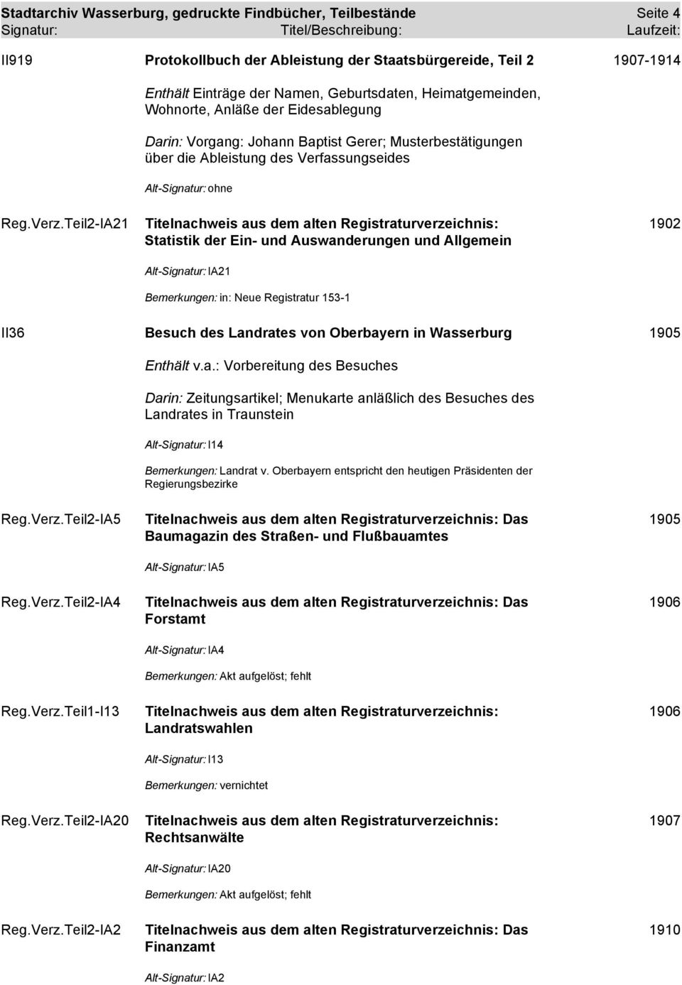 Teil2-IA21 Titelnachweis aus dem alten Registraturverzeichnis: 1902 Statistik der Ein- und Auswanderungen und Allgemein Alt-Signatur: IA21 Bemerkungen: in: Neue Registratur 153-1 II36 Besuch des