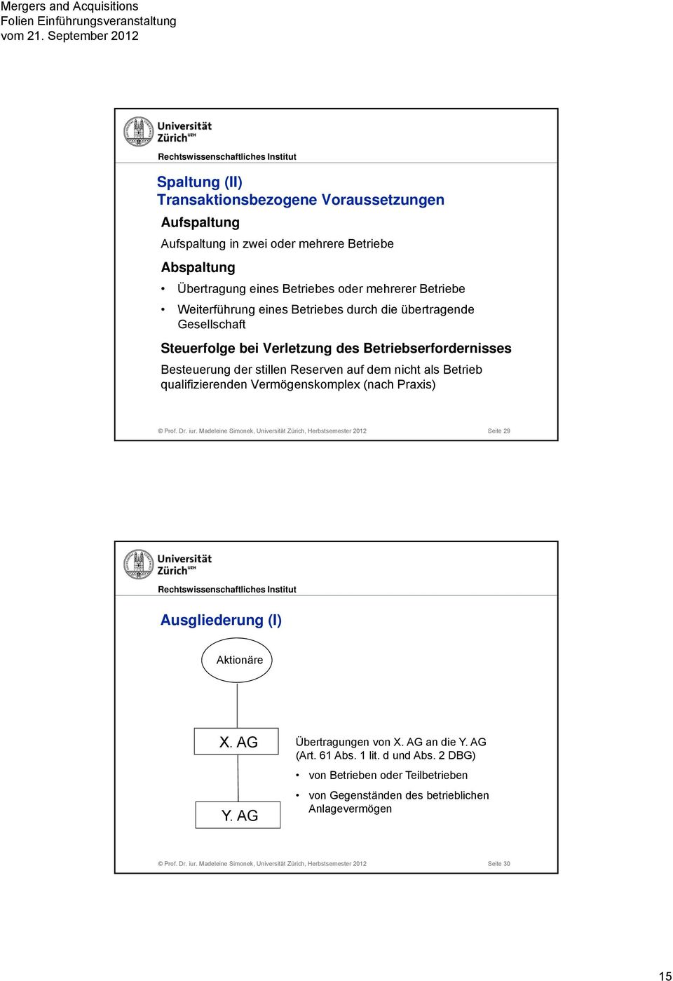 Vermögenskomplex (nach Praxis) Prof. Dr. iur. Madeleine Simonek, Universität Zürich, Herbstsemester 2012 Seite 29 Ausgliederung (I) Aktionäre X. AG Y. AG Übertragungen von X. AG an die Y.