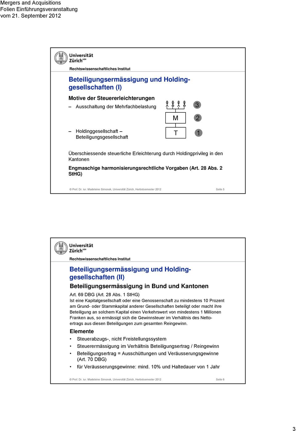 Madeleine Simonek, Universität Zürich, Herbstsemester 2012 Seite 5 Beteiligungsermässigung und Holdinggesellschaften (II) Beteiligungsermässigung in Bund und Kantonen Art. 69 DBG (Art. 28 Abs.