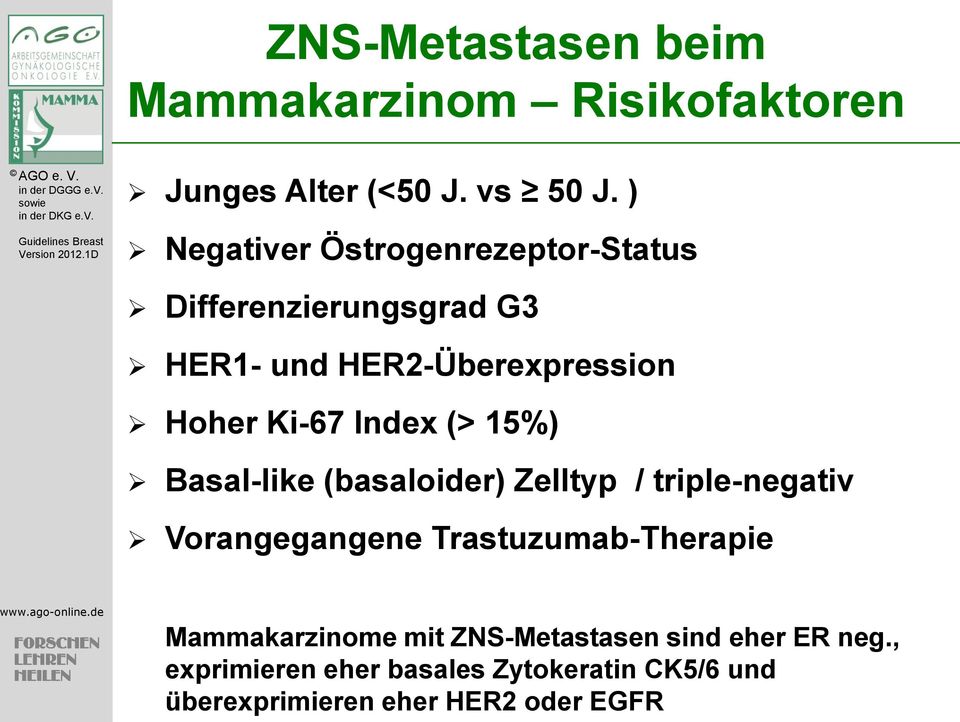 Index (> 15%) Basal-like (basaloider) Zelltyp / triple-negativ Vorangegangene Trastuzumab-Therapie
