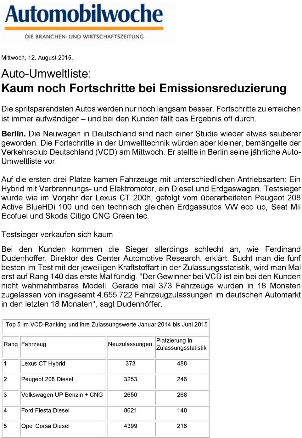 Die Fortschritte in der Umwelttechnik würden aber kleiner, bemängelte der Verkehrsclub Deutschland (VCD) am Mittwoch. Er stellte in Berlin seine jährliche Auto- Umweltliste vor.